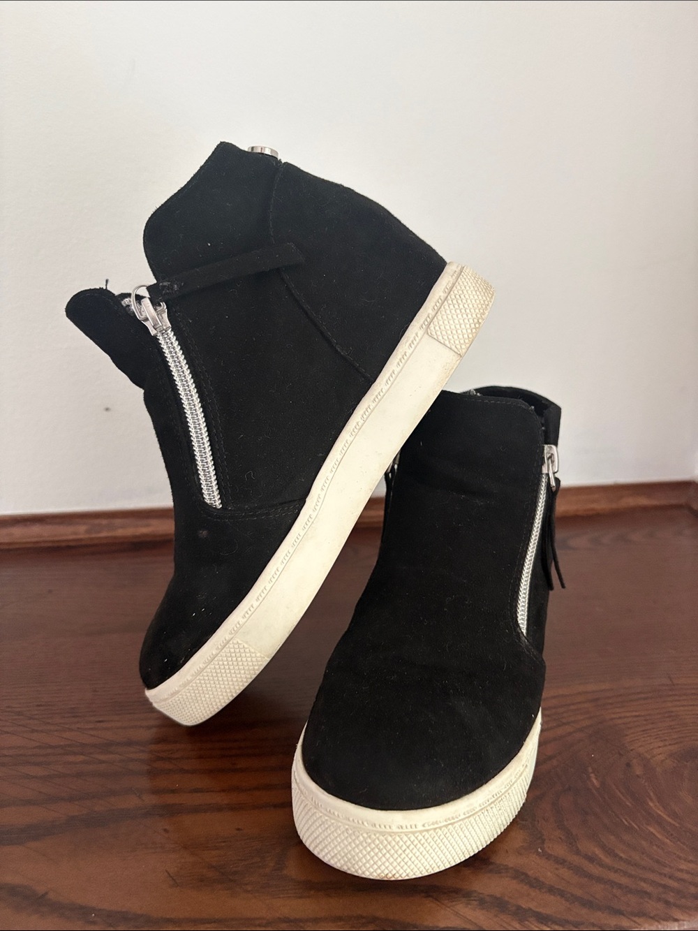 Steve Madden Black Suede Wedge Sneakers with Silver Zipper